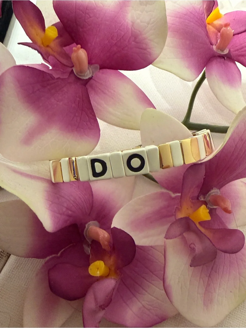 Roxanne Assoulin Gold Plated And White 'DO' Tile Stretch Bracelet NEW AUTHENTIC